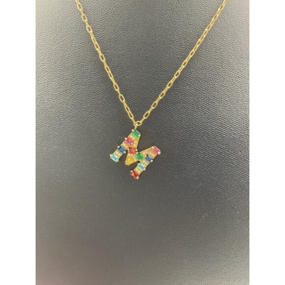 Gold Tone Initial M Pendant Necklace With Colorful Stones & Lobster Clasp - Picture 2 of 5